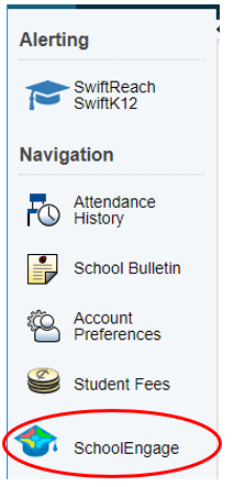 PowerSchool Parent Student/Parent Portal Navigation menu SchoolEngage icon circled