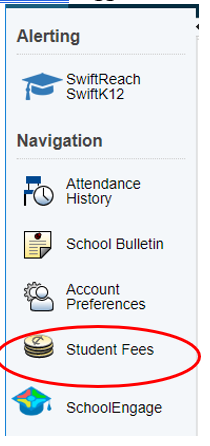 PowerSchool Parent Student/Parent Portal Navigation menu Student Fees icon circled